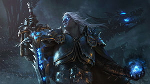 World of Warcraft Lich King Concept Art with Glowing Blue Magic and Dragon HD wallpaper