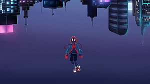 Miles Morales in Spider-Verse Style Floating Above an Upside-Down Neon Cityscape HD wallpaper