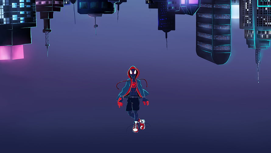 Miles Morales in Spider-Verse Style Floating Above an Upside-Down Neon Cityscape HD wallpaper