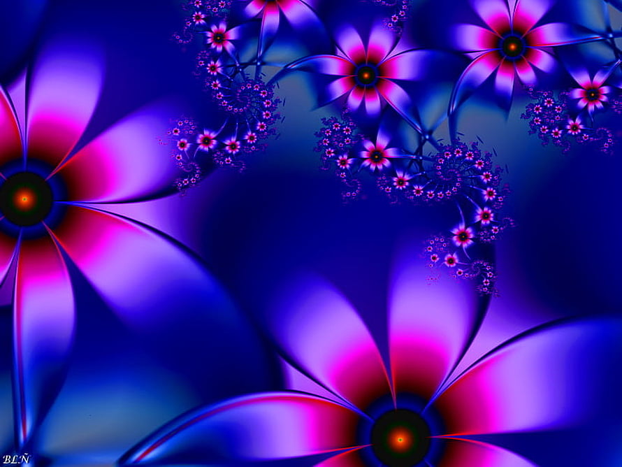 Vibrant Fractal Flower Artwork in Neon Pink and Deep Blue Tones HD wallpaper