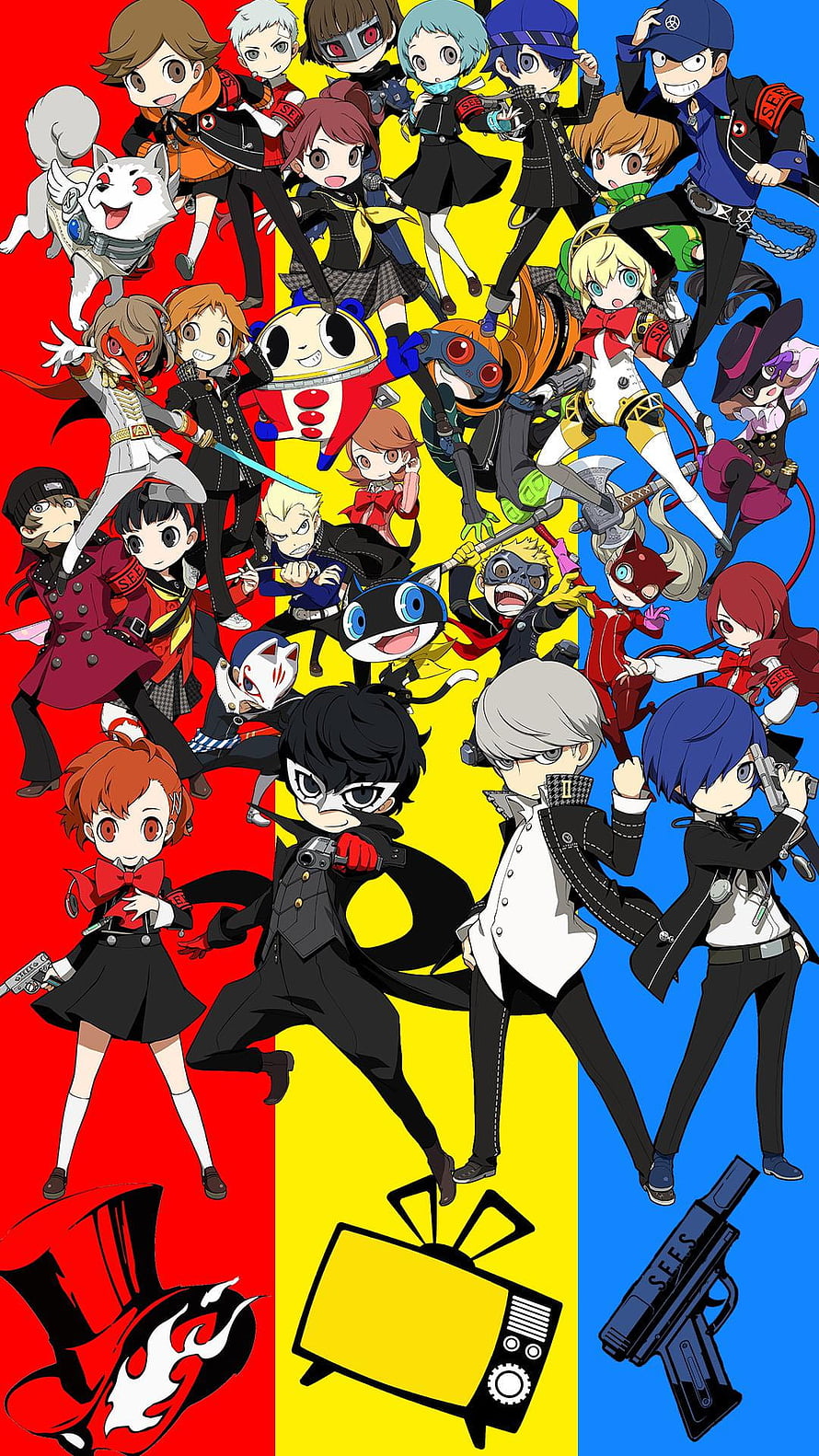 Persona Q2 All Characters Chibi Artwork with Red Yellow Blue Background HD phone wallpaper