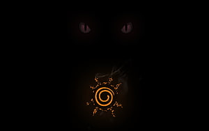 Naruto Uchiha Sharingan Eyes and Glowing Orange Spiral Symbol on Black Background HD wallpaper