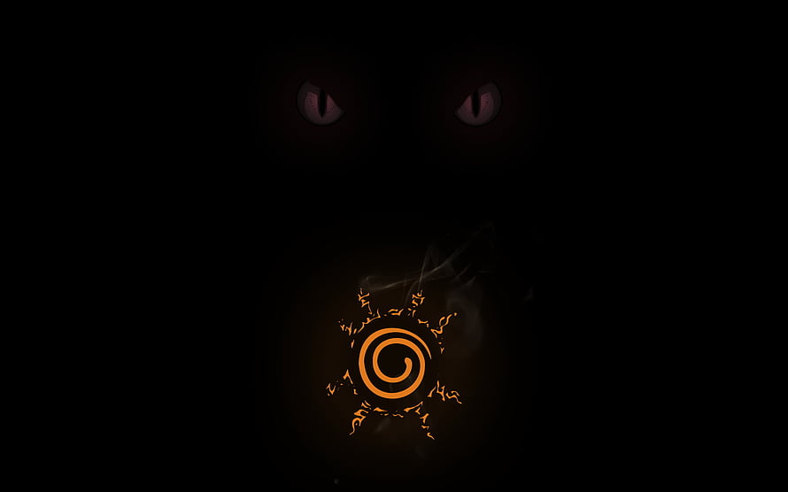 Naruto Uchiha Sharingan Eyes and Glowing Orange Spiral Symbol on Black Background HD wallpaper