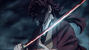 Yoriichi Tsugikuni Wielding Nichirin Blade in Demon Slayer Anime Scene HD wallpaper