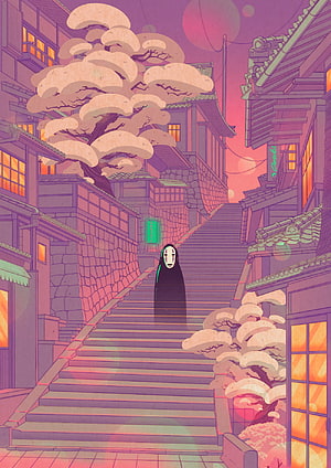 No Face from Spirited Away Standing on Japanese Stone Steps at Dusk HD phone wallpaper
