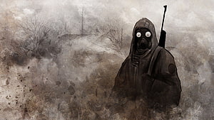 Stalker Game Concept Art: Hooded Figure in Gas Mask Amidst Post-Apocalyptic Fog HD wallpaper