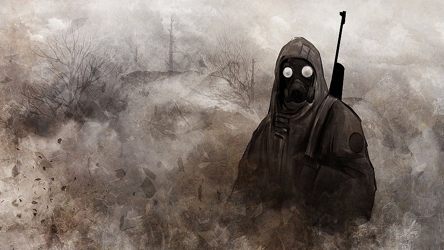 Stalker Game Concept Art: Hooded Figure in Gas Mask Amidst Post-Apocalyptic Fog HD wallpaper