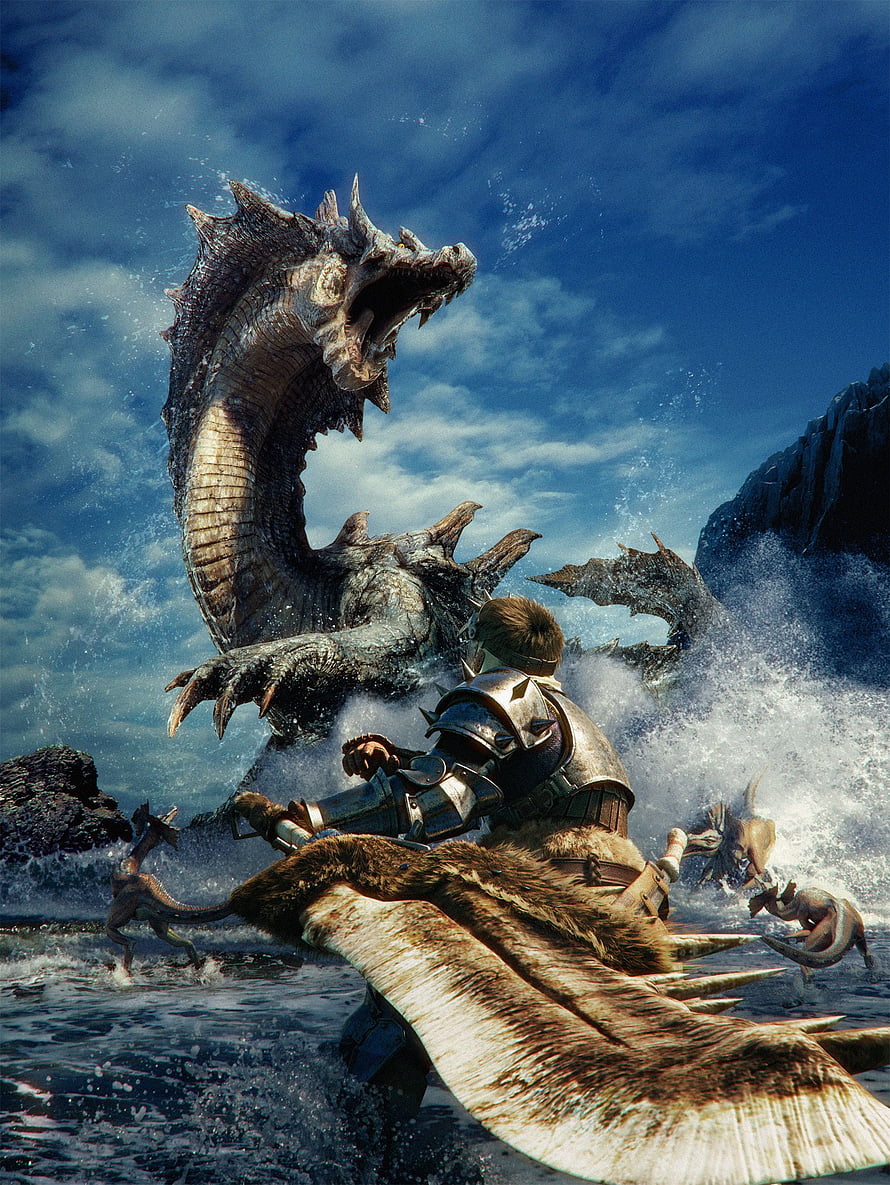 Monster Hunter Tri: Knight on Mountaintain Confronting Sea Dragon in Turbulent Waters HD phone wallpaper