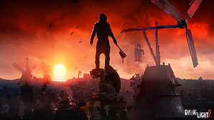 Dying Light 2 Silhouette Standing on Statue Amidst Apocalyptic Red Sky and Windmills HD wallpaper