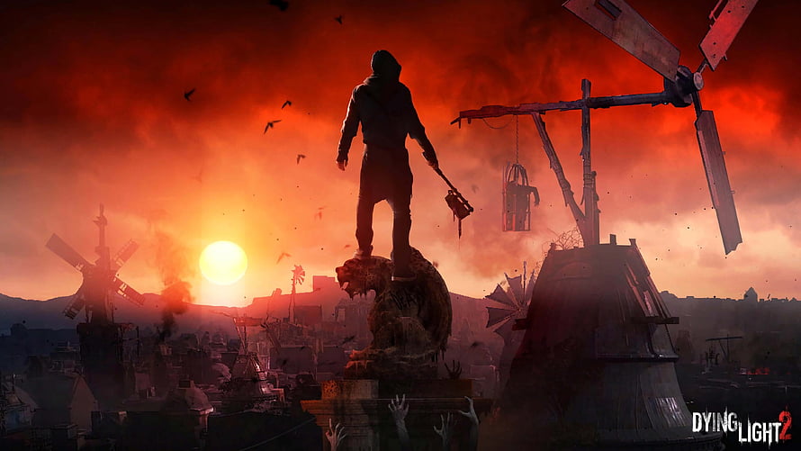 Dying Light 2 Silhouette Standing on Statue Amidst Apocalyptic Red Sky and Windmills HD wallpaper