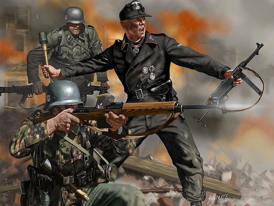 World War II Wehrmacht Soldiers in Urban Combat with Assault Rifles and Pistols HD wallpaper