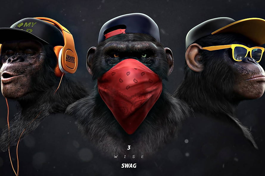 Three Stylized Chimpanzees Wearing Streetwear Accessories and Caps HD wallpaper