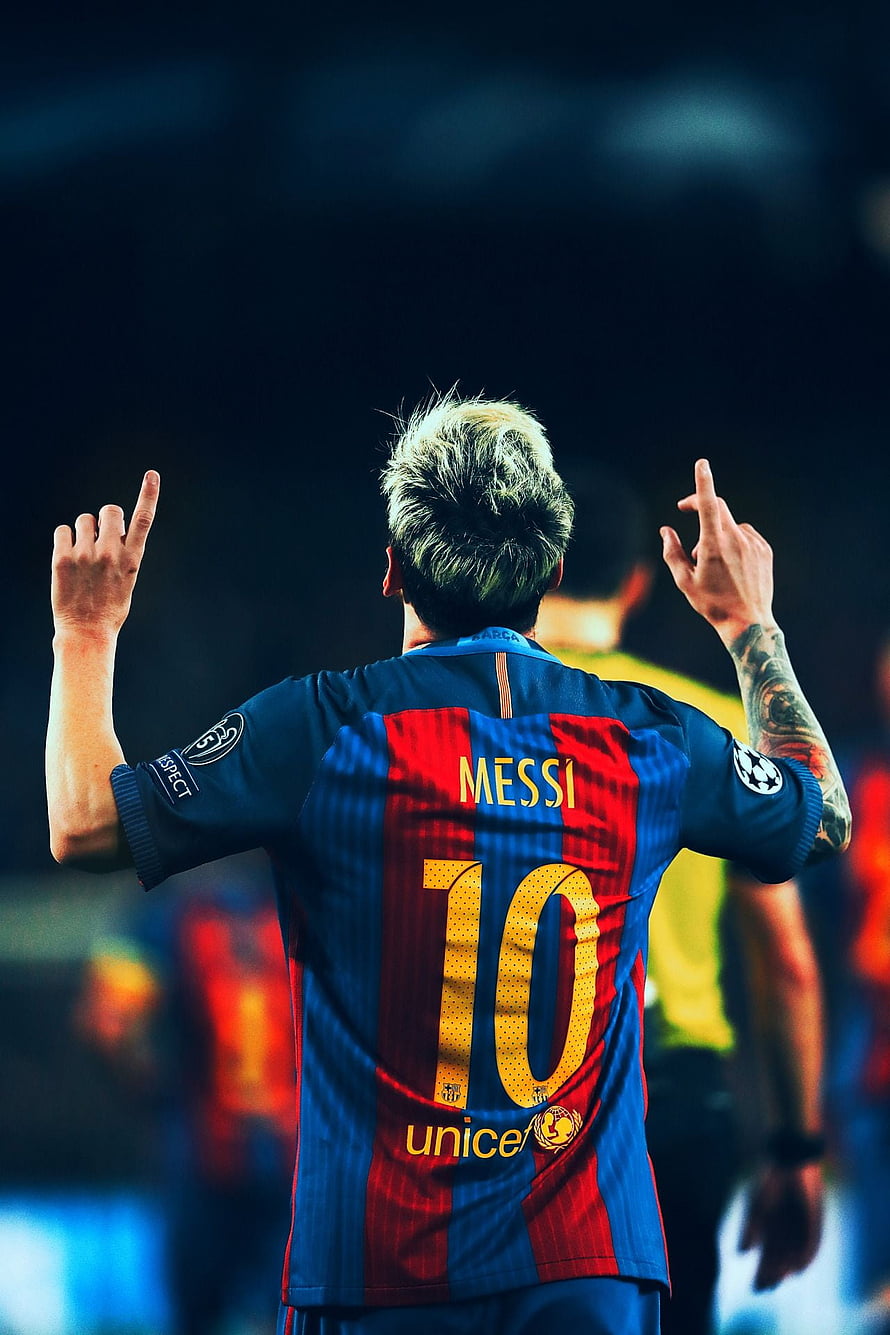 Lionel Messi in Barcelona Home Kit Celebrating with Number 10 Jersey HD phone wallpaper