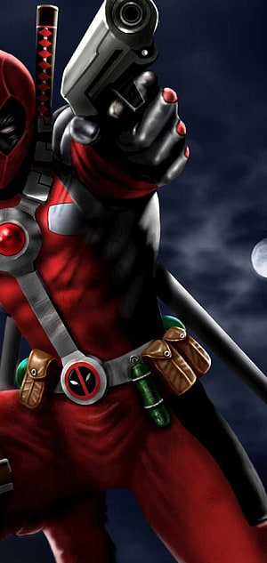 Deadpool Aiming Pistol in Red and Black Suit with Katana and Moonlit Night Sky HD phone wallpaper