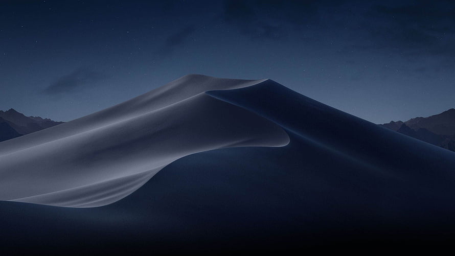 macOS Mojave Night Dunes Wallpaper with Dark Blue Sky and Mountain Silhouettes HD wallpaper