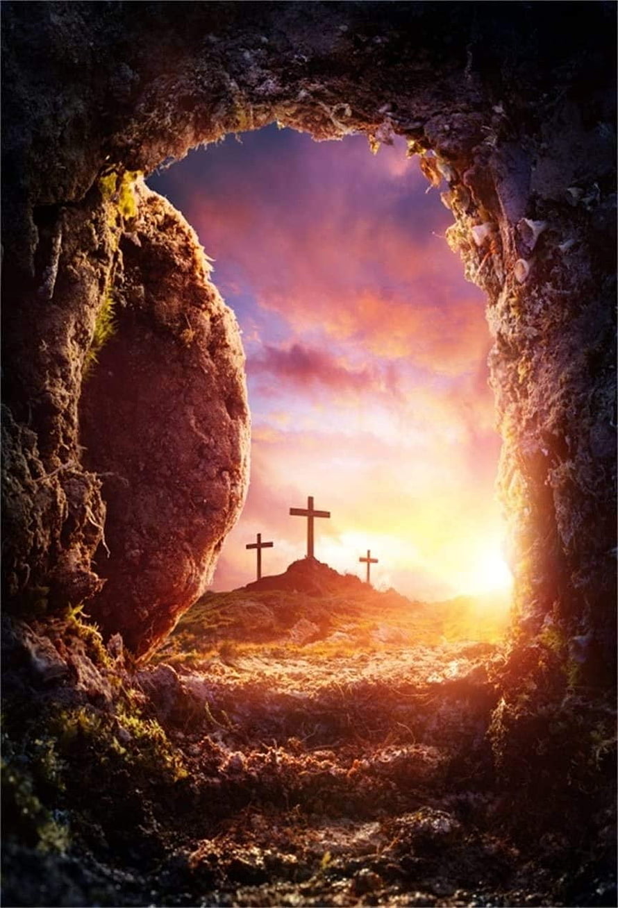 View of Three Crosses on Golgotha Through the Opened Stone of the Empty Tomb at Sunrise HD phone wallpaper