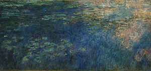 Claude Monet Water Lilies Impressionist Pond Painting with Cloud Reflections and Lush Green Foliage HD wallpaper