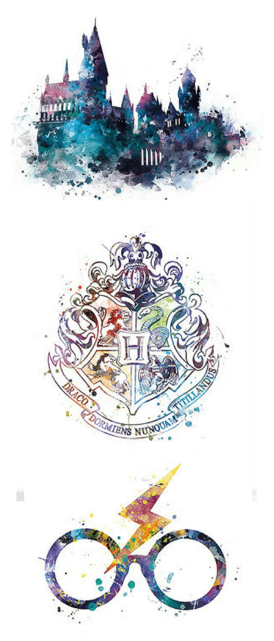 Harry Potter Watercolor Art Featuring Hogwarts Castle, School Crest, and Round Glasses HD phone wallpaper