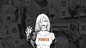 Power from Chainsaw Man in a white t-shirt with manga panels in the background HD wallpaper