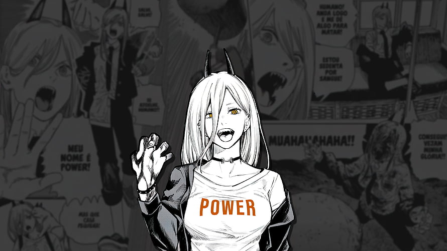 Power from Chainsaw Man in a white t-shirt with manga panels in the background HD wallpaper