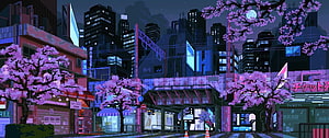 Neon-lit pixel art cityscape at night with cherry blossoms and retro Japanese street signs HD wallpaper