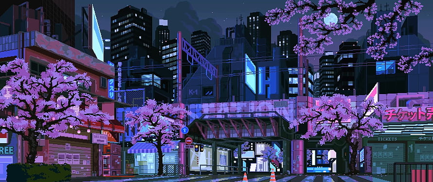 Neon-lit pixel art cityscape at night with cherry blossoms and retro Japanese street signs HD wallpaper