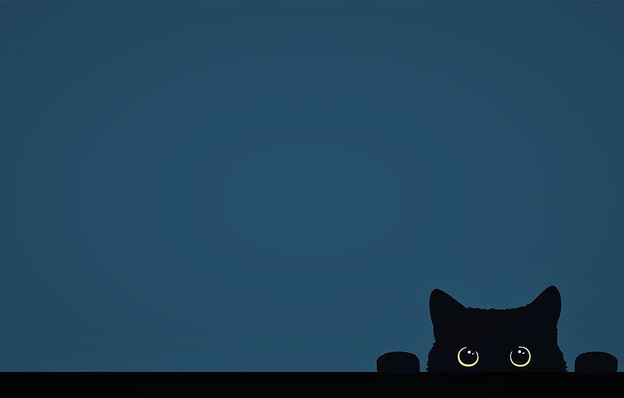 Cute Black Cat Peeking Over Edge Minimalist Dark Blue Night Scene HD wallpaper