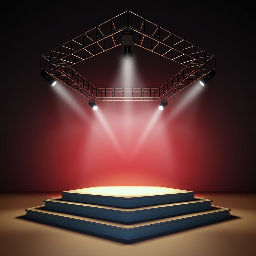 Dramatic Empty Concert Stage With Overhead Truss Rigging And Bright Spotlights HD phone wallpaper