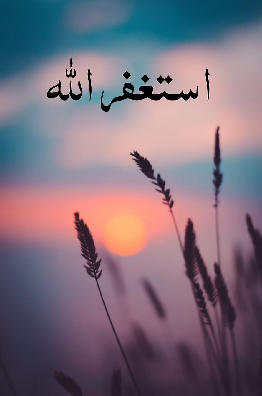 Islamic Sunset Wallpaper With Arabic Calligraphy And Silhouetted Grass HD phone wallpaper