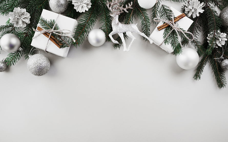 Elegant White Christmas Border With Pine Branches, Glittery Reindeer, and Gift Boxes HD wallpaper