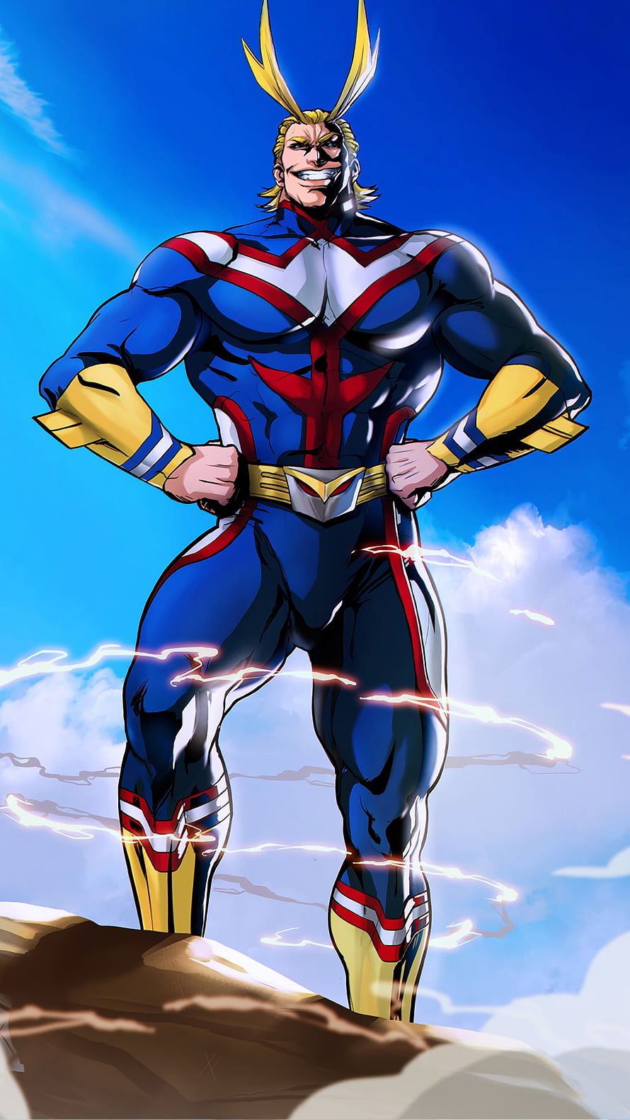 All Might from My Hero Academia Standing on a Rocky Outcrop with Electric Energy HD phone wallpaper
