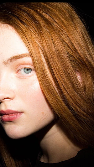 Sadie Sink Close-Up Portrait with Red Hair and Blue Eyes HD phone wallpaper
