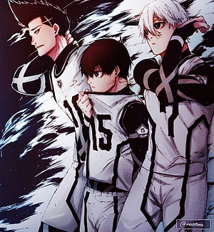 Blue Lock Anime Characters in White and Black Soccer Uniforms HD phone wallpaper