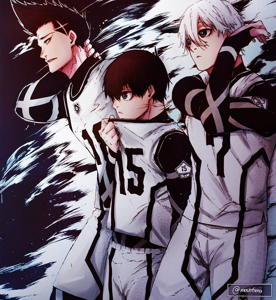 Blue Lock Anime Characters in White and Black Soccer Uniforms HD phone wallpaper