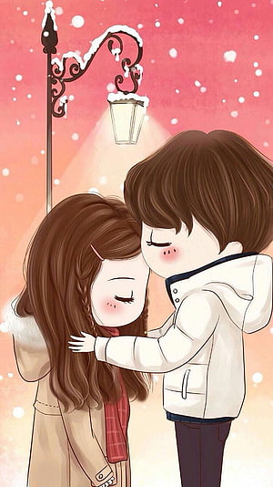 Cute cartoon couple sharing a tender moment under a snowy street lamp HD phone wallpaper
