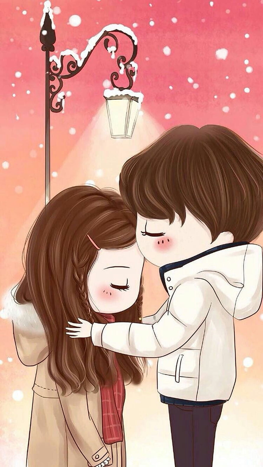 Cute cartoon couple sharing a tender moment under a snowy street lamp HD phone wallpaper