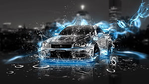 Nissan Skyline R34 GT-R Digital Art with Blue Energy Effects and Water Splashes HD wallpaper