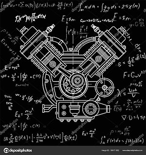 V8 Engine Cross-Section Blueprint with Physics Equations on Black Background HD phone wallpaper