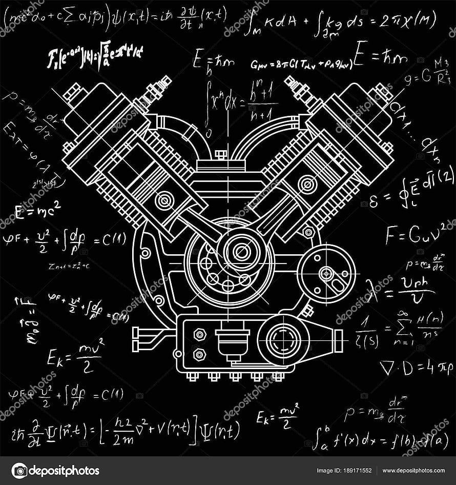 V8 Engine Cross-Section Blueprint with Physics Equations on Black Background HD phone wallpaper
