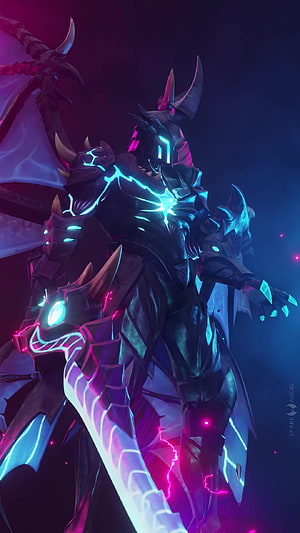 Dark armored warrior with glowing cyan and magenta energy in a neon fantasy setting HD phone wallpaper