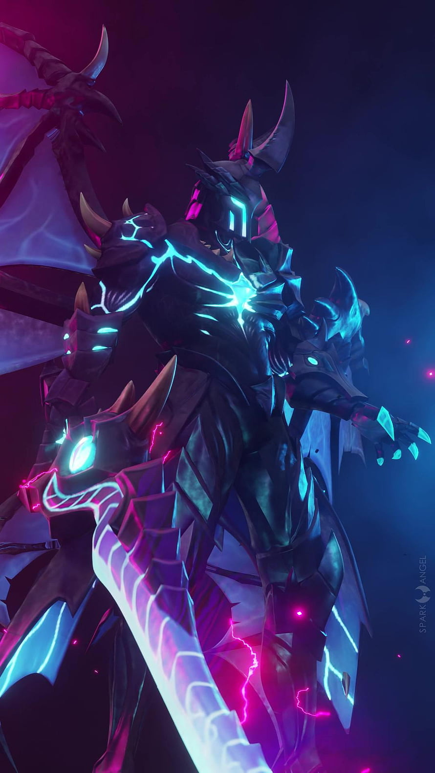 Dark armored warrior with glowing cyan and magenta energy in a neon fantasy setting HD phone wallpaper