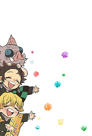 Chibi Demon Slayer Characters Tanjiro Inosuke and Zenitsu with Colorful Flowers HD phone wallpaper