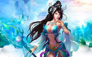 Elegant Fantasy Ice Queen with Glowing Staff in Ethereal Blue Landscape HD wallpaper
