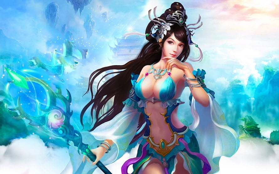 Elegant Fantasy Ice Queen with Glowing Staff in Ethereal Blue Landscape HD wallpaper