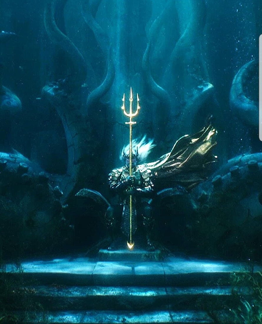 Aquaman Seated on Throne Holding Golden Trident in Underwater Palace HD phone wallpaper