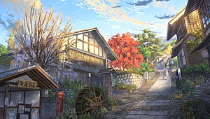 Serene Japanese Village Street with Autumn Foliage and Traditional Architecture HD wallpaper