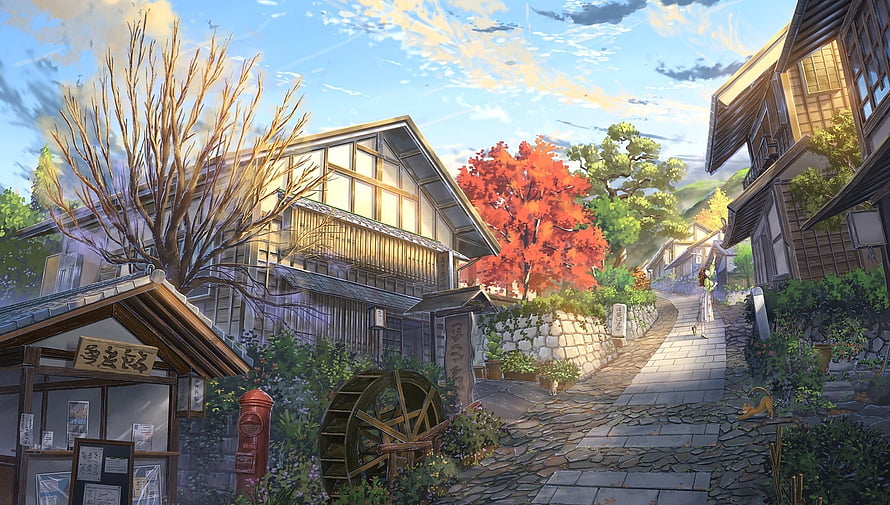 Serene Japanese Village Street with Autumn Foliage and Traditional Architecture HD wallpaper
