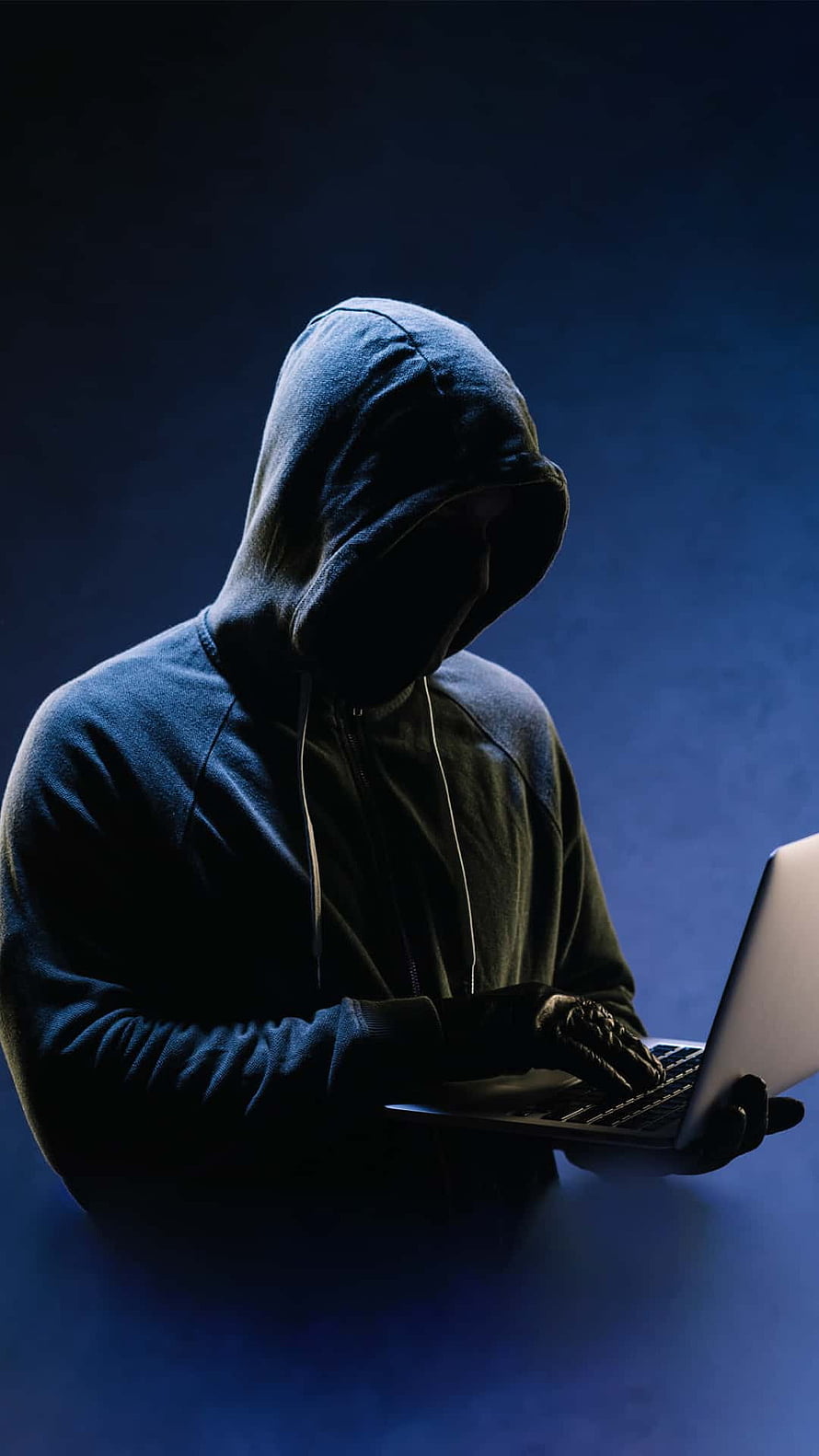 Anonymous Hacker in Hoodie Typing on Laptop in Dark Blue Atmosphere HD phone wallpaper