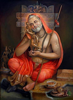 Raghavendra Swamy Oil Painting with Ganesha Idol and Traditional Attire HD phone wallpaper