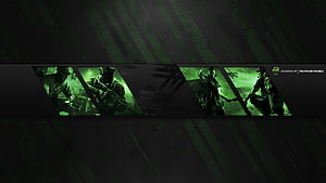 Dark Green Military Gaming Banner with Tactical Soldier Silhouettes and Diagonal Stripes HD wallpaper
